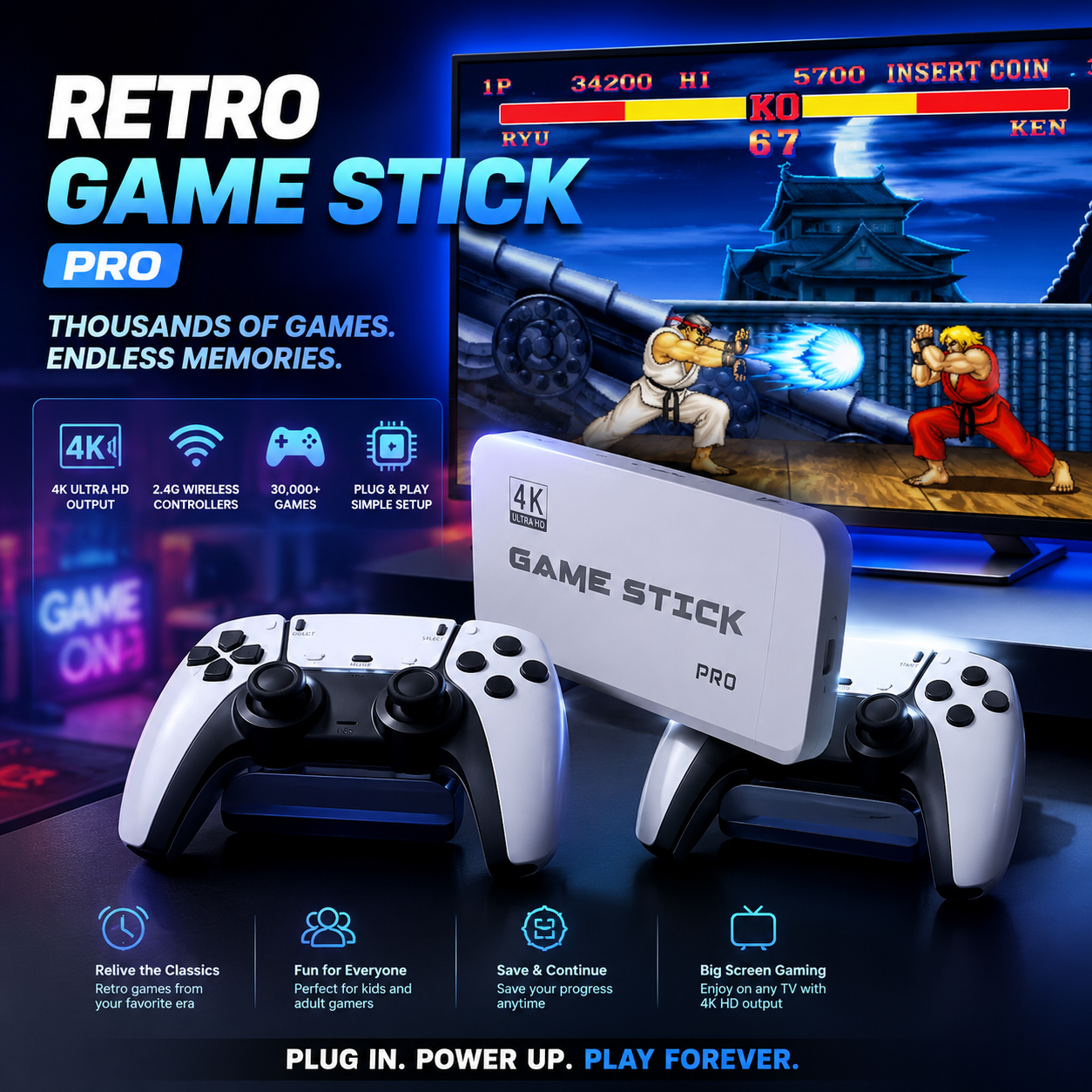 Retro Game Stick Pro + 2 Wireless Controllers